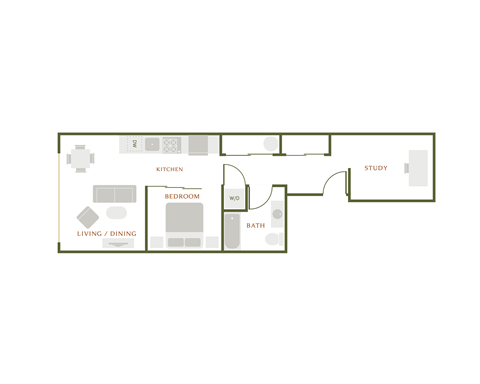 Floor plan for 1 bed, 1 bath, 682 sqft